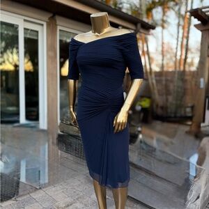 NWT ~Tadashi Shoji Navy Off-Shoulder Midi Dress